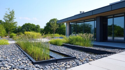 Canvas Print - High-capacity stormwater drainage system on roof, using polymer gutters for durability and effective water flow.