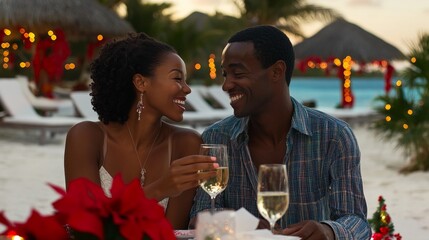 Sticker - Elegant couple enjoying wine at candlelit table, soft lighting, romantic setting, warm ambiance, intimate dining experience.