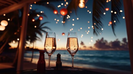 Sticker - Two champagne glasses on table overlooking ocean, sunlight reflecting on water, creating romantic, serene setting.