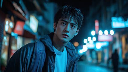 A street-style young man standing under street lights at night. The shadows and light that fall on him make the image look raw and lively.