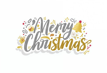 Wall Mural - Elegant 'Merry Christmas' golden 3D text with christmast tree, bells, golden white gift box and christmas stuff decorative isolated on white background