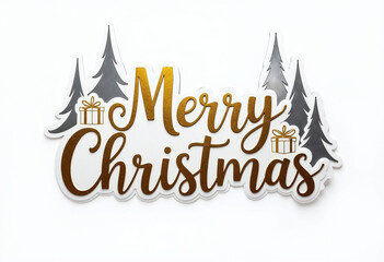 Wall Mural - Luxury 'Merry Christmas' golden 3D text with christmast tree, bells, golden white gift box and christmas stuff decorative isolated on white background