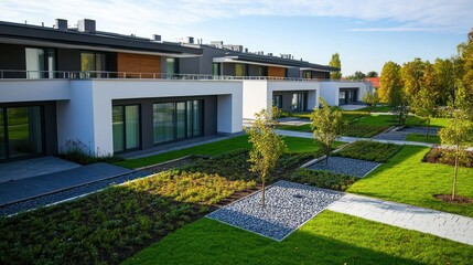 Canvas Print - Modern roof drainage system on a private building, equipped with durable polymer gutters for effective stormwater handling.