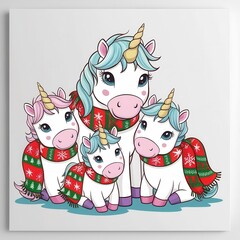 Wall Mural - Charming Unicorn Family in Christmas Scarves