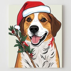 Wall Mural - Happy Dog in Santa Hat with Mistletoe Decoration