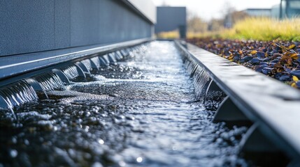 Canvas Print - Polymer storm drainage system installed on a building roof, showcasing efficient water management with durable gutter design.