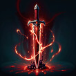 © AIgameicons - A silverhilted sword with a red blade is engulfed in fiery orange flames and a pool of blood on a dark background.