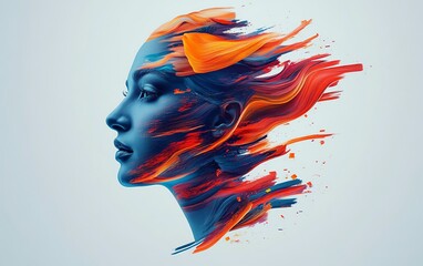 Poster - Colorful portrait of a head with bold geometric shapes and vibrant colors flowing out, embodying creative energy in digital marketing, against a white background