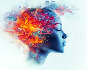 Poster - Digital abstract polygonal head with a colorful brain on a white background, embodying AI and technological innovation for digital marketing and web development visuals