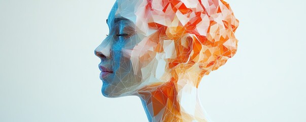 Polygonal human head with a colorful brain in an abstract style, set against a white background, representing AI and digital technology concepts for web development and marketing