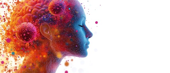 Polygonal human head with a colorful brain in an abstract style, set against a white background, representing AI and digital technology concepts for web development and marketing
