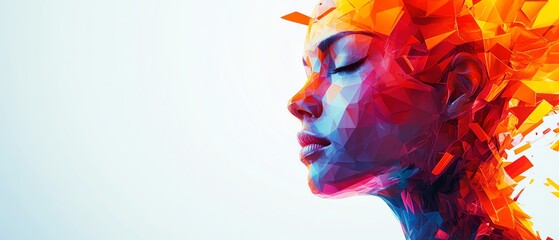 Poster - Vibrant geometric shapes and colors emerging from a head, representing the essence of creativity in digital marketing, displayed on a clean white background