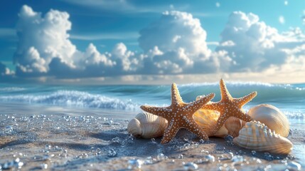 Wall Mural - Seashells and Starfish on a Sandy Beach