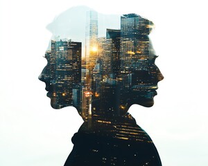 Aufkleber - Double exposure of business professionals in a modern city skyline, futuristic silhouette, representing digital identity and teamwork in an urban setting