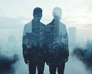 Aufkleber - Double exposure of business professionals in a modern city skyline, futuristic silhouette, representing digital identity and teamwork in an urban setting