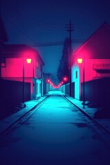 Wall Mural - A deserted alleyway lined with houses at night, illuminated by pink and blue streetlights.