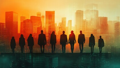 Aufkleber - Silhouette of business team in double exposure with cityscape, digital identity theme, futuristic and collaborative work environment