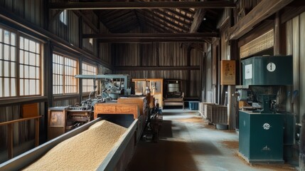 Canvas Print - Traditional rice processing facility with a modern touch, featuring machinery for grain sorting and cleaning