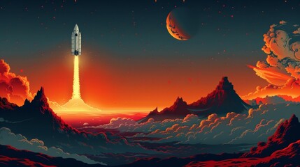 Poster - illustration of a rocket exploring solar system strting from Earth