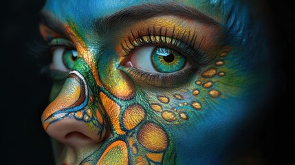 Unique face art featuring a realistic eye on the nose, combining blue, green, and brown tones in a surreal composition