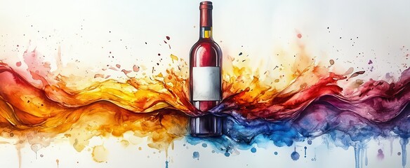 Wall Mural - a swirling spectrum of rainbow colors flows from a rich red wine bottle blending into an abstract wa