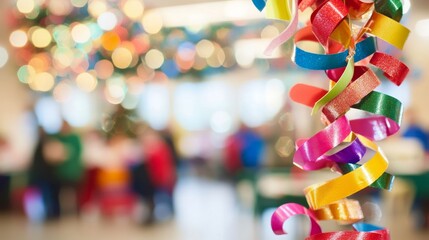 Vibrant ribbons cascade from ceiling, creating festive, colorful display, perfect for celebrations, parties or holiday events.