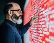 © good everyday - A man with a beard and glasses points at a red wall filled with white text.