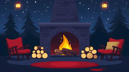 Cozy fireplace with two red chairs and wood logs on a starry night in the forest.