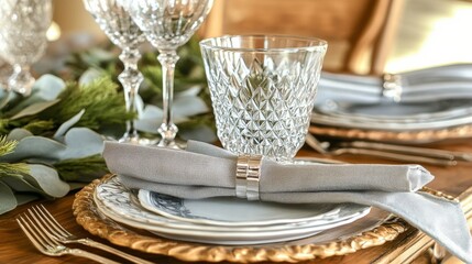 Wall Mural - Elegant dining table set with polished silverware, white tablecloth, crystal glasses, fresh flowers for formal gathering.