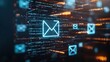 © Phongsri - Digital streams of binary code and data flow around a glowing blue mail icon, representing the convergence of email and technology in the modern world