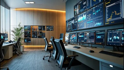 Wall Mural - telecommunications company office with project manager and system control.
