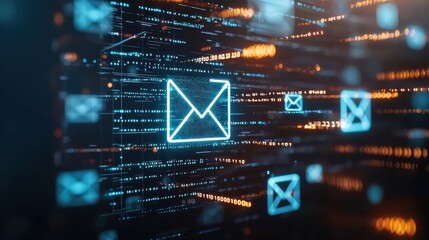 Digital streams of binary code and data flow around a glowing blue mail icon, representing the convergence of email and technology in the modern world