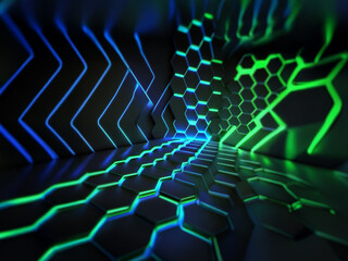Aufkleber - Abstract futuristic room with glowing green and blue neon lights. The walls are covered in geometric patterns.