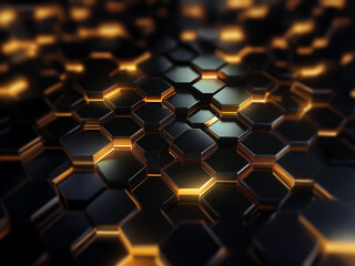 Poster - A close-up of a repeating hexagonal pattern, with some hexagons glowing with an orange hue against a dark background.