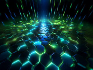 Fototapete - A dark, futuristic scene with a glowing blue and green hexagonal grid extending into the distance.