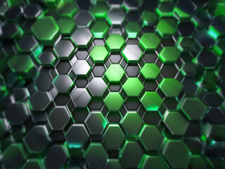 a repeating pattern of shiny green and silver hexagons with a glowing, light green effect emanating 