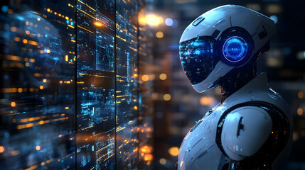 Futuristic Robot Observing Data Screen - 3D Illustration