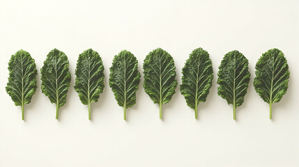 Wall Mural - eight fresh green leaves in a row on a white background.