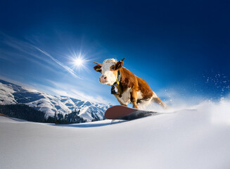 A brown and white cow with a yellow collar is snowboarding down a snowy mountain slope under a bright blue sky.