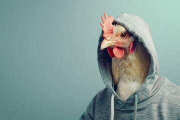 Chicken with a elegant grey hoody on a solid studio gray color background. Copy space for text. Cute cool hen dressed fashion clothes, hood at head. Humor, summer. Funny animal creative concept