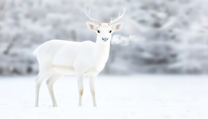 Wall Mural - A white-tailed deer with large antlers stands in a snowy field.