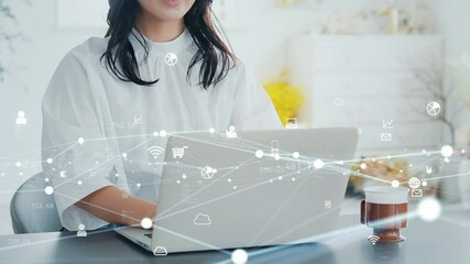 Aufkleber - network, dx, digital, wireless, laptop, communication, internet, online, web, blockchain, block chain, connect, woman, japanese, asian, smile, payment, wi-fi, radio wave, line, office, freelance, side