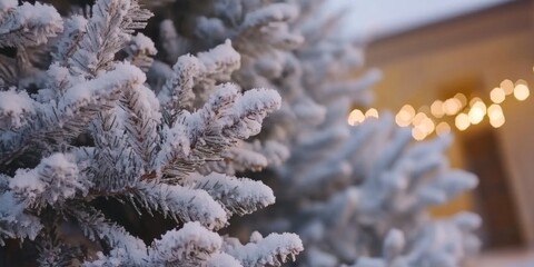 Wall Mural - snowcovered christmas tree adorned with red gold ornaments, twinkling lights, surrounded by winter w