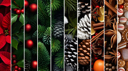Wall Mural - Abstract background with seasonal and winter stripes with plant, leaf, ball, cone, spice, sweets and gifts texture. Horizontal composition. Concept of Christmas, holiday and New Year.