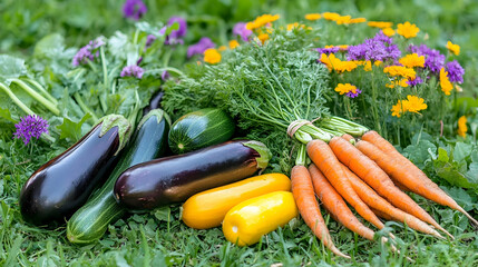 Wall Mural - Freshly picked vegetables, including carrots, zucchini, and eggplant, lie in a bed of green grass surrounded by vibrant flowers.