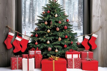 Wall Mural - Decorated Christmas tree with gifts and stockings against a snowy window.