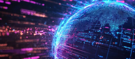 Language translation AI visualized with swirling purple and blue code.