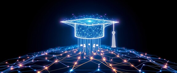 digital graduation cap symbolizes online education and technological advancement.