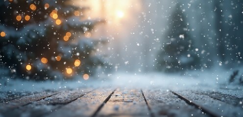 Wall Mural - a wooden floor covered in snow with a christmas tree in the background