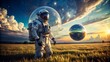 © chapicha - A lone astronaut in a white spacesuit with a clear bubble helmet stands in a golden field, looking towards a reflective orb floating in the sky, with a bright sun high above.